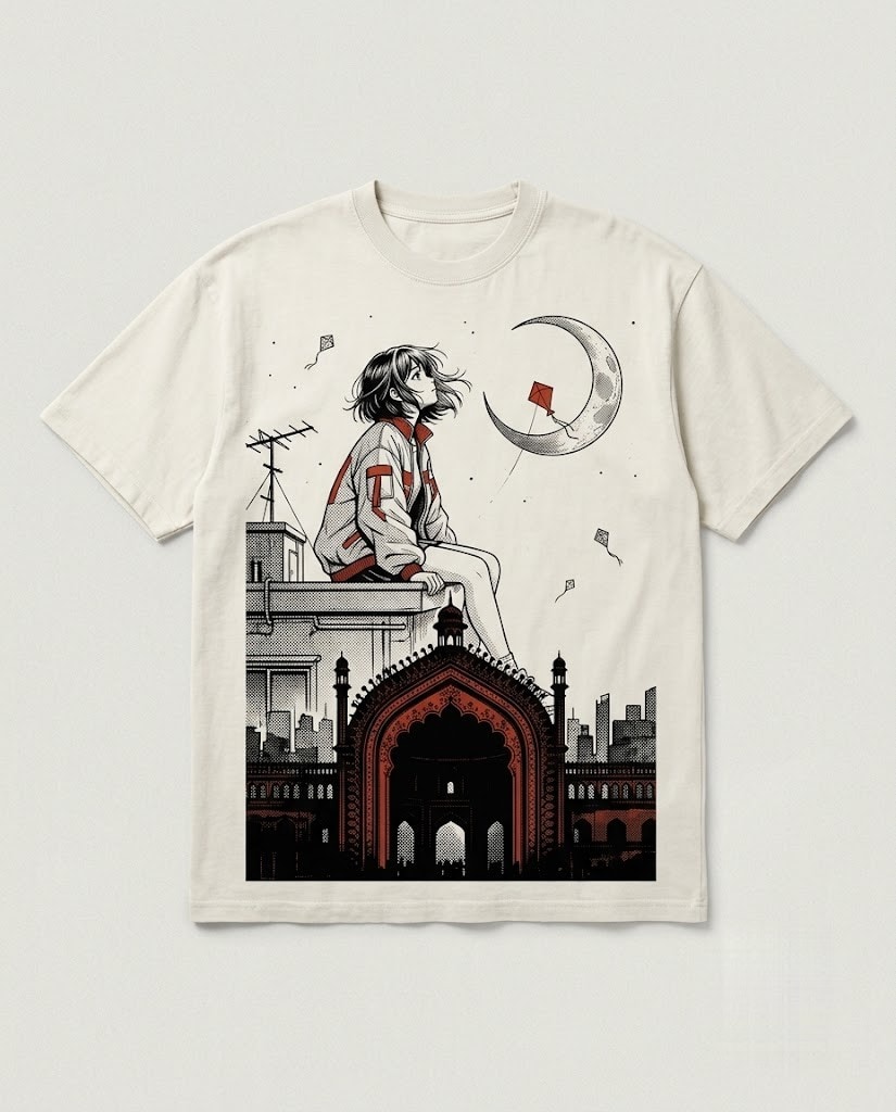 Rooftop Tee in Bone, front, laid flat. Nawaweeb Sumi-e clan